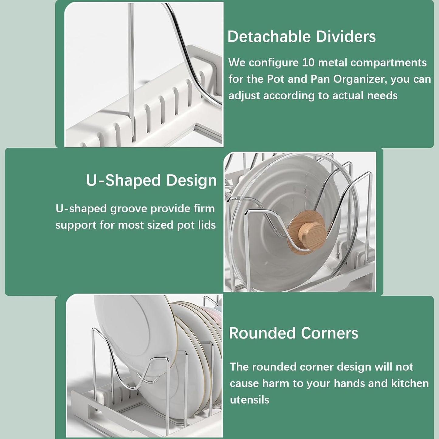 Pot and Pan Organizer, Expandable Pots and Pans Organizer Under Cabinet, Pot Lid Holder with 10 Adjustable Compartment for Bakeware, Cutting Boards, Lid, Dishes, Cookware (1 Pcs)