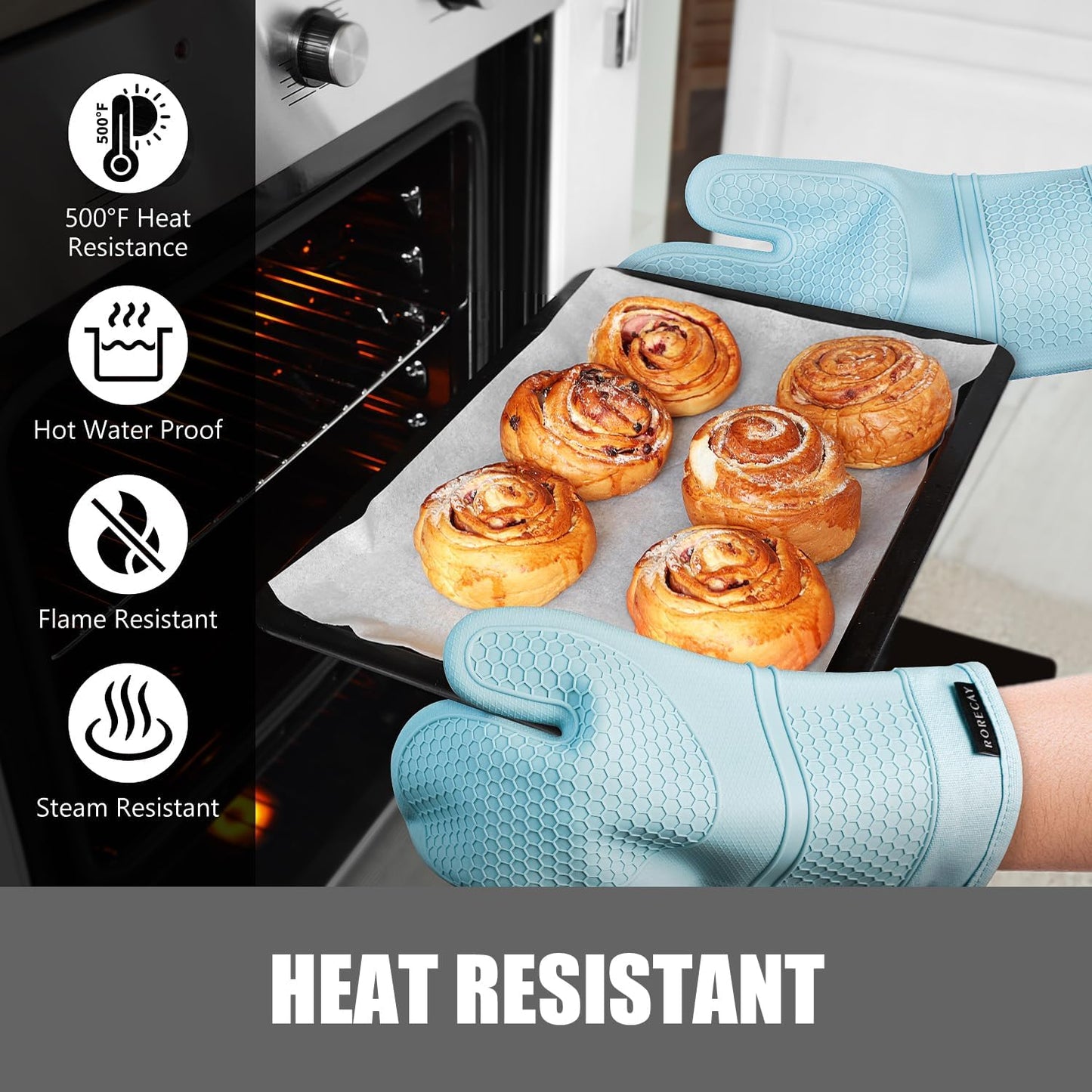 Rorecay 6pcs Oven Mitts and Pot Holders Sets, Extra Long Silicone Oven Gloves Heat Resistant 500 Degrees Non-Slip Potholders Hot Pads for Kitchen Baking Cooking, Quilted Liner, Winter Sky