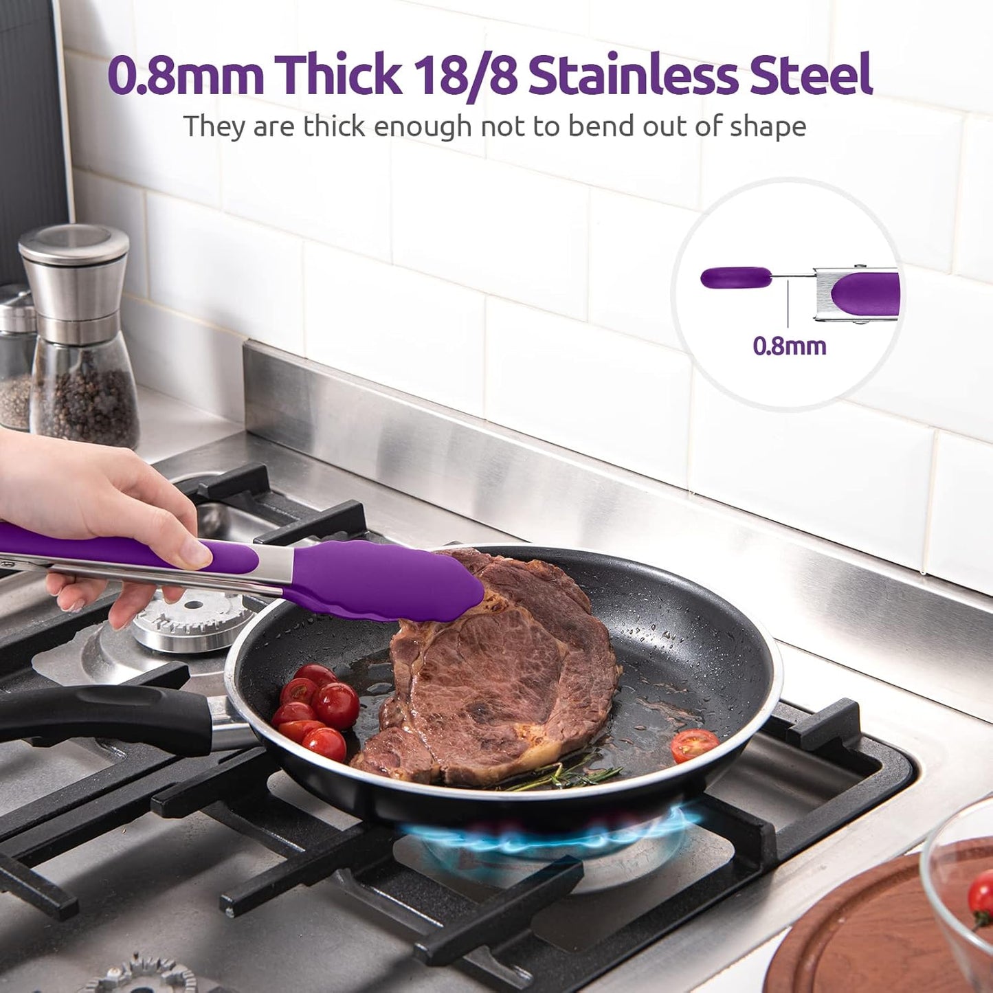 600ºF Heat Resistant Kitchen Tongs: U-Taste 9 inch Silicone Cooking Tong with Firm Sealed Non Stick Rubber Tips & Silicon Coated 18/8 Stainless Steel Handle & Smooth Locking for Serving Grill (Purple)