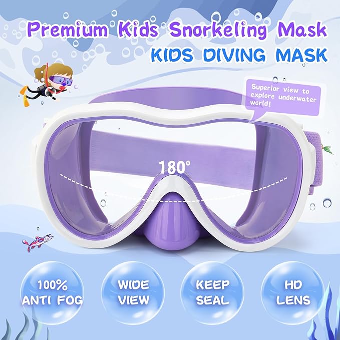 Kids Swim Goggles 180° Snorkel Diving Mask with Nose Cover, Anti-Fog Kids Swimming Goggles with Elastic Fabric Strap for Kids Boys Girls
