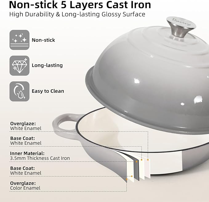 Davivy 5.5QT Cast Iron Dutch Oven with Lid, Bread Dutch Oven for Sourdough Bread, 10" Round Sourdough Bread Baking Pan, Enameled Cast Iron Bread Oven - Light Grey