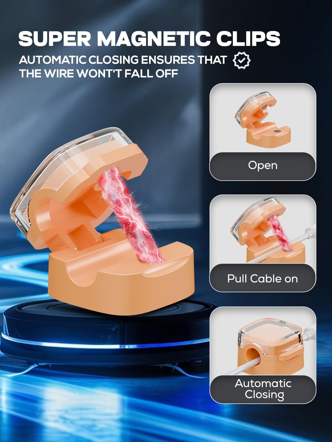 6-Pack Magnetic Cord Holder, Cord Holder with Strong Magnetic Lid, Holds Cables Firmly, 7 mm Charger Holder & HDMI Cord Organizer Clips, Strong Adhesive Pad (Orange)