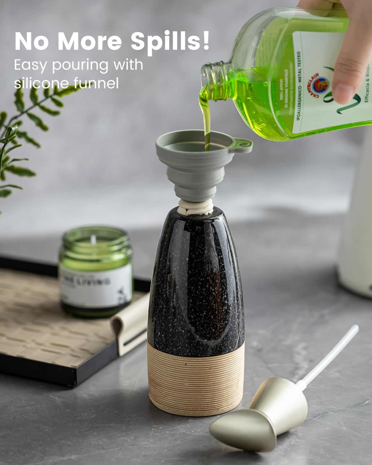 Ceramic Dish Soap Dispenser with Plastic Pump & Stainless Steel Pump for Hand Soap, Shampoo, Lotion, Conditioner, 12 oz Refillable Soap Bottle with Silicone Funnel for Bathroom & Kitchen, Black