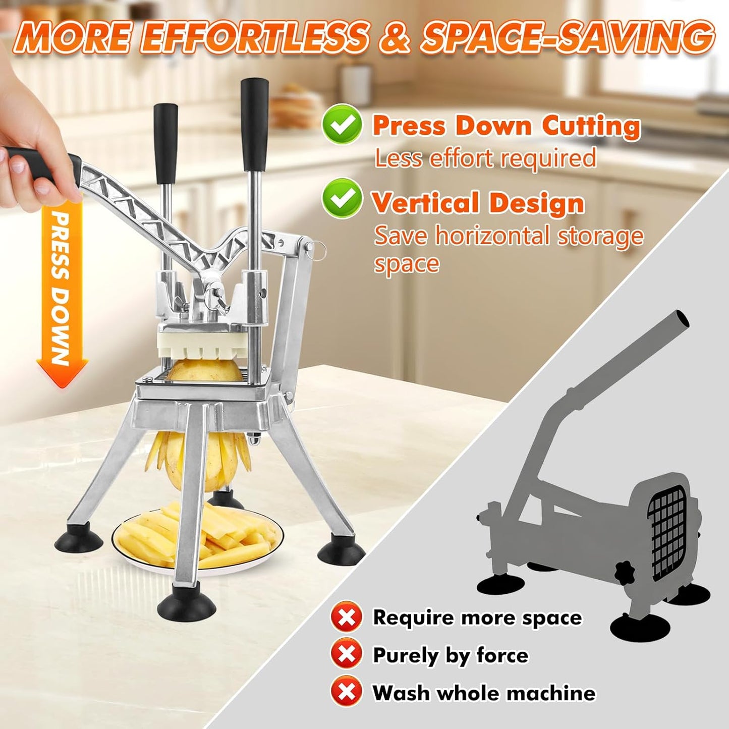 Anatole Commercial French Fry Cutter with 1/4'' 3/8'' 1/2'' 8-Wedges Stainless Steel Blades Vertical Potato Slicer Manual Vegetable Chopper for Onion Carrot Lemon