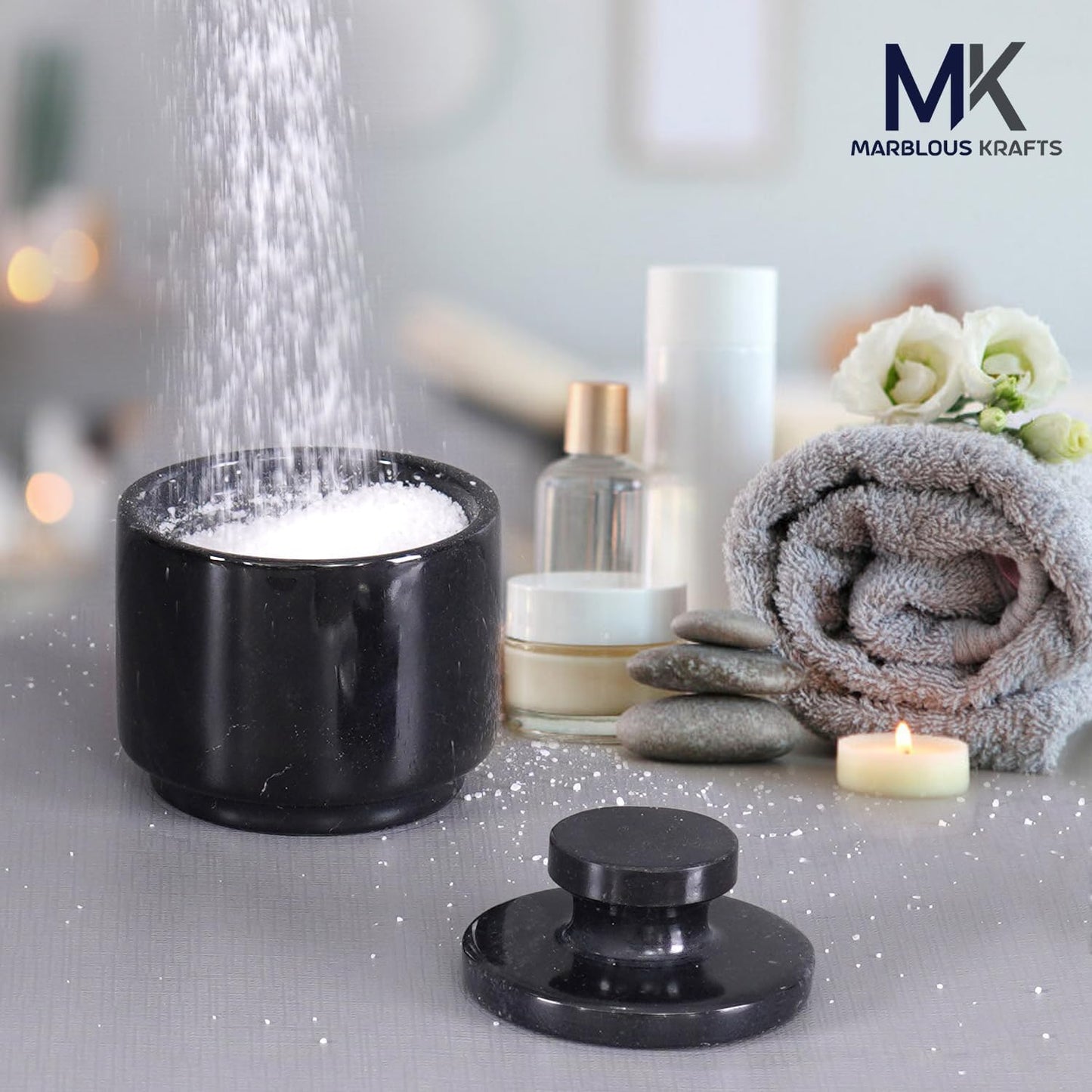 Marble Salt Cellar with Lid 3" Inch Black Spice Jar & Stone Salt Container For Kitchen Countertop, Modern Sugar Bowl