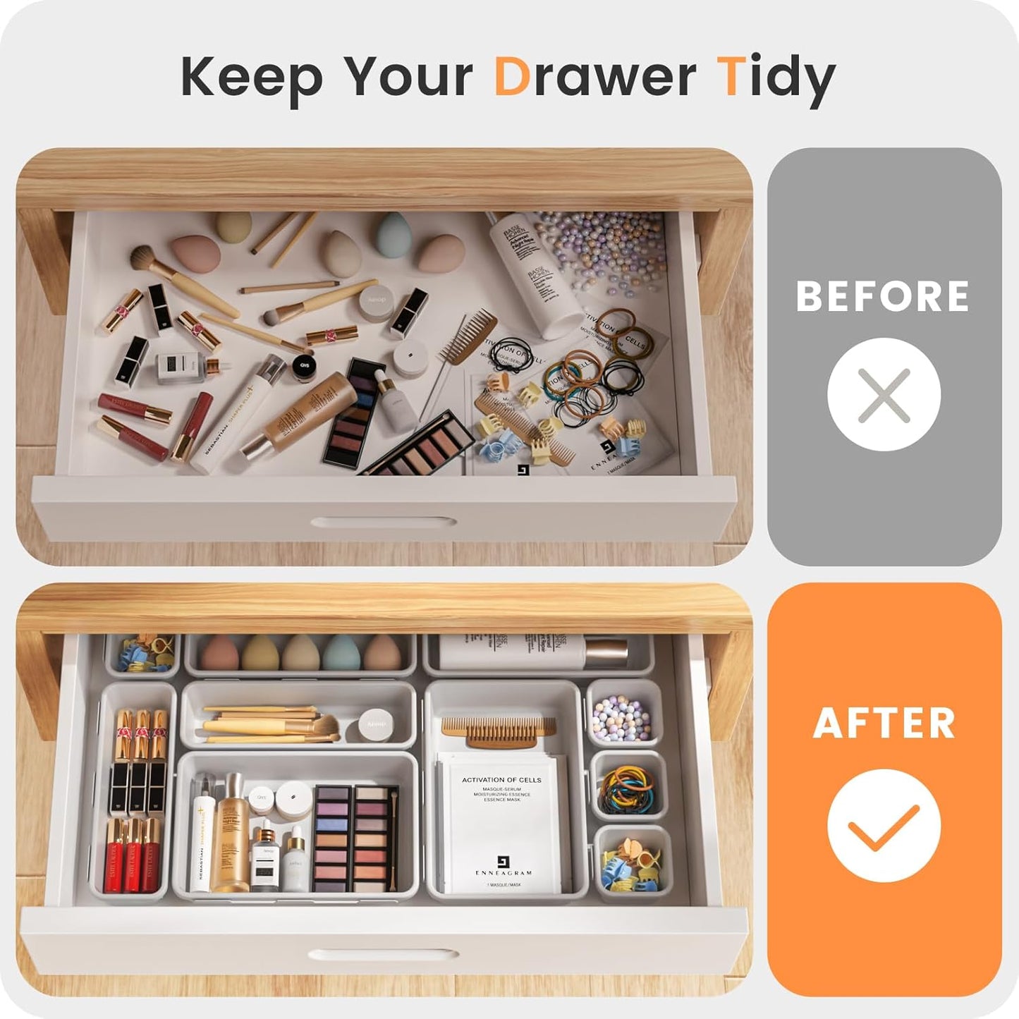 A-LuGei 【28PCS】 Drawer Organizer, Bathroom Organizers and Storage, Makeup organizer, Desk drawer organizer, Storage Bins for Kitchen Office Bedroom Vanity Jewelry Pantry Garage【White】【4Size】