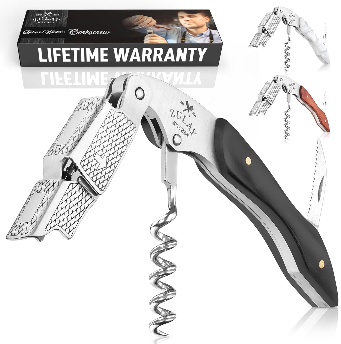 Zulay Kitchen Corkscrew Wine Opener - Premium 420 Stainless Steel & Ebony Wood Wine Bottle Opener - Double Hinged Opener with Foil Cutter & Cap Remover - Ebony Wood