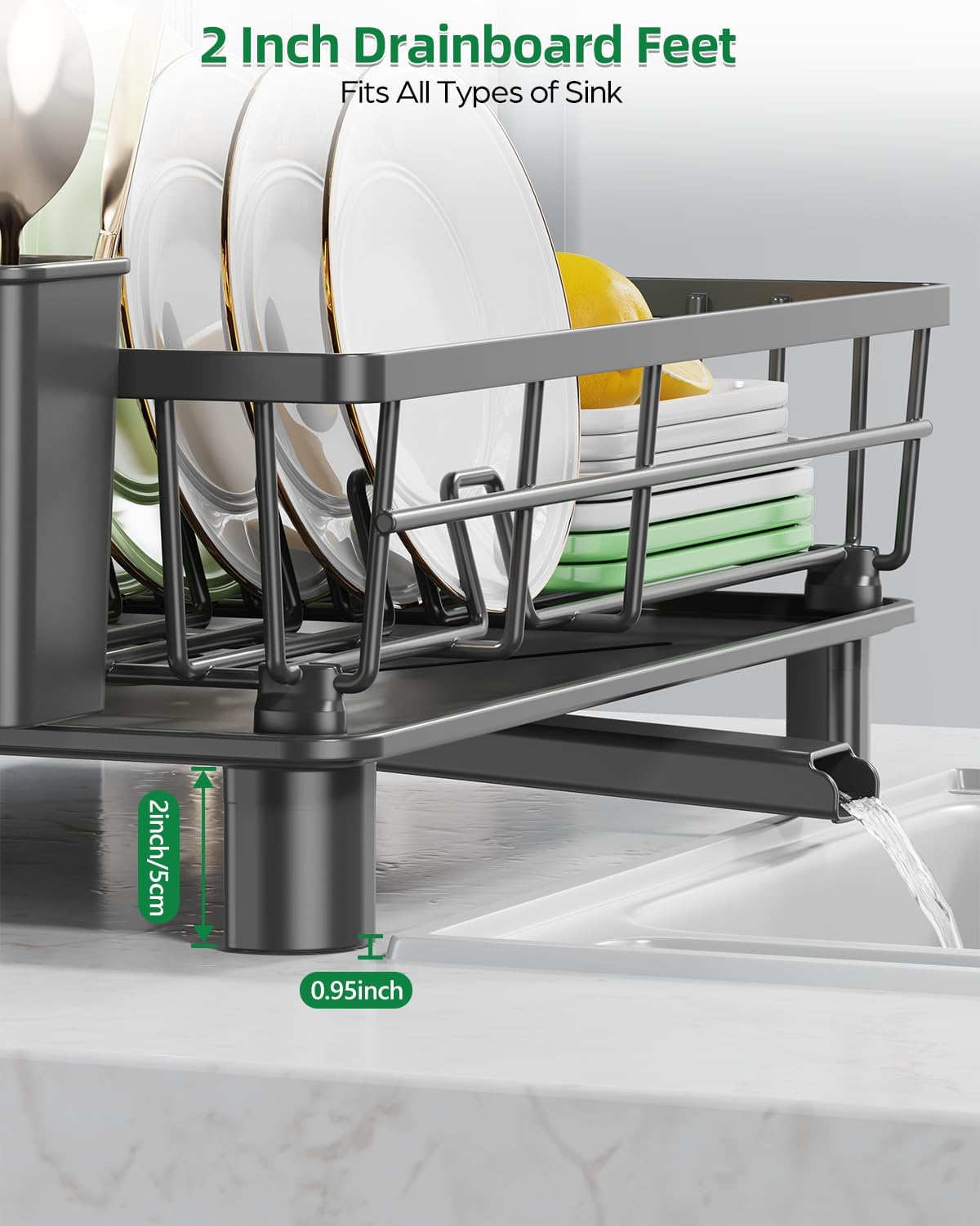 Dish Drying Rack for Kitchen Counter, Stainless Steel Drainer Anti Rust, Smart Drainage System Drainboard with Detachable Cutlery Holder, Handwash Dish Helper for Home, Apartment Space Saving