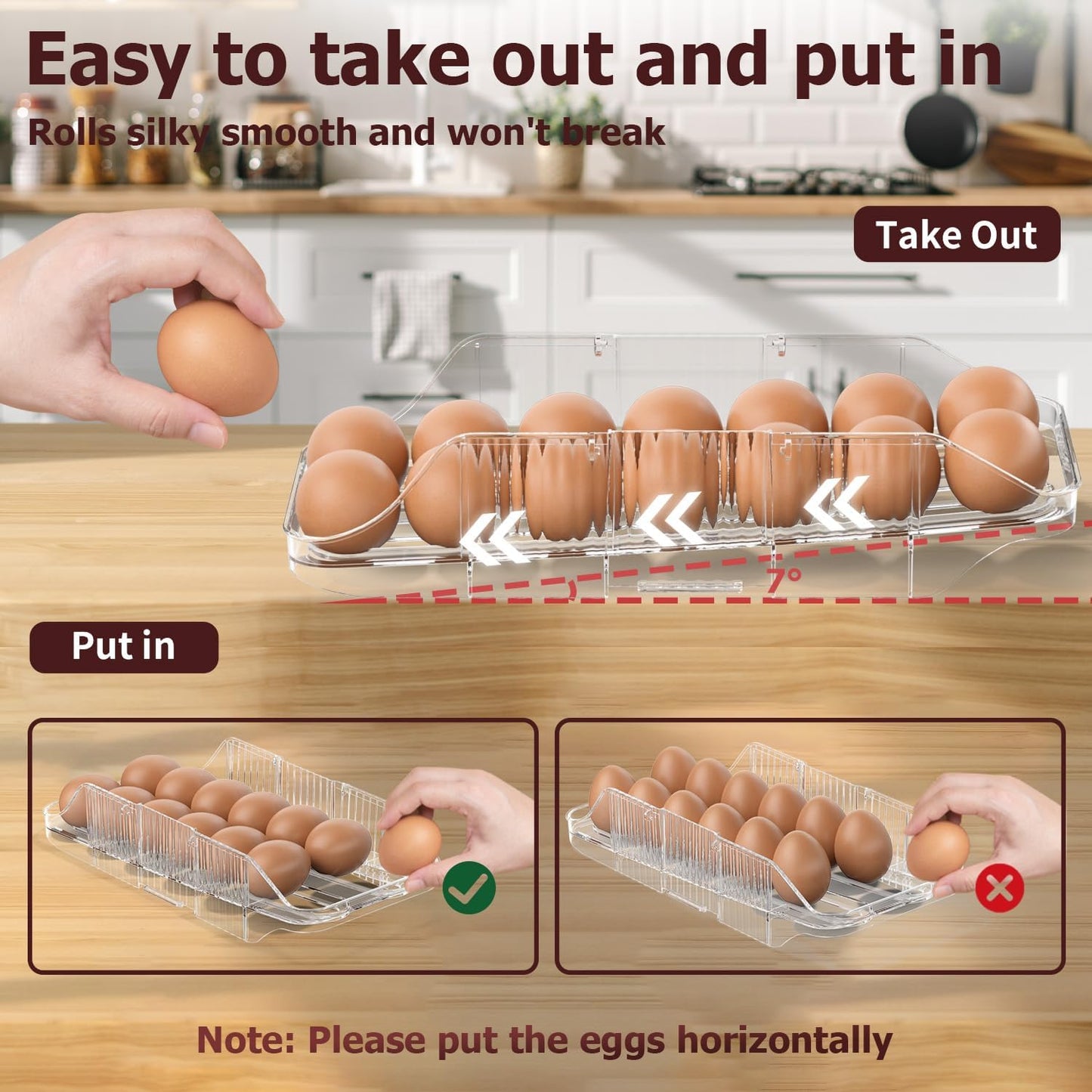 Automatic Rolling Egg Holder for Fridge, Clear Plastic Egg Organizer with Handle for Refrigerator, Egg Container for Kitchen Storage, 1 Row 2 layers