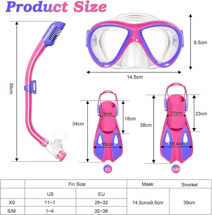 Kids Mask Fins Snorkel Set, Dry Top Snorkeling Gear for Kids Youth Boys Girls Junior Age 5-15 Tempered Glass Snorkel Mask Set Panoramic View Snorkeling Packages