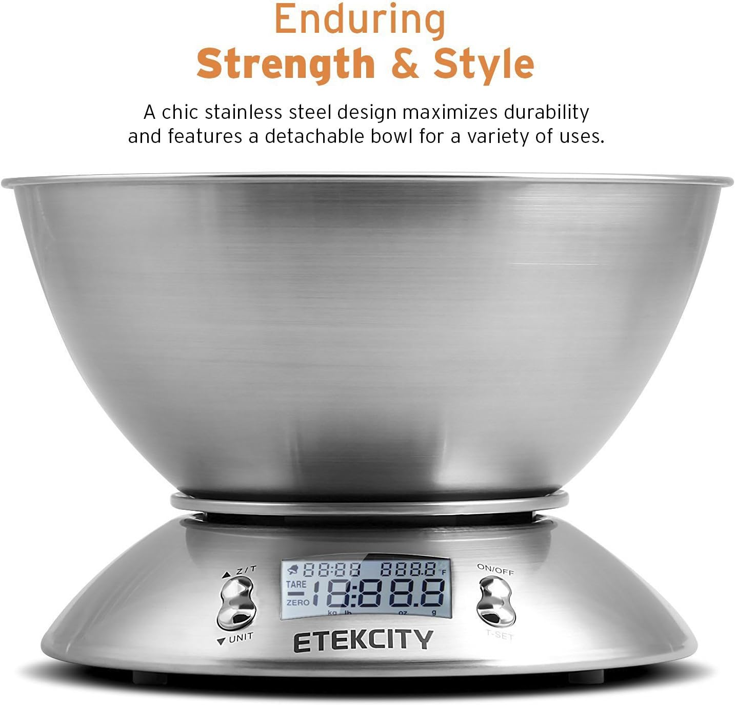 Etekcity Food Kitchen Scale with Bowl, Digital Weight Scale for Food Ounces and Grams, Cooking and Baking, Timer, and Temperature Sensor, 2.06 QT, Stainless Steel