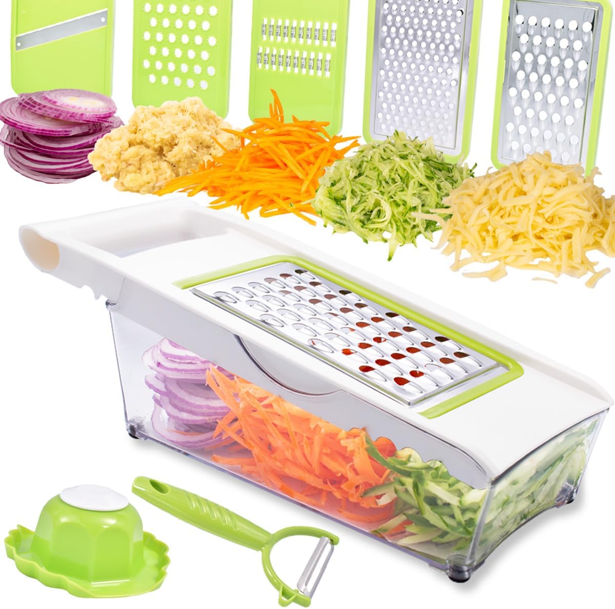 Cheese Grater with Container,5 In 1 Mandoline Slicer for Kitchen,Multi Purpose Vegetable Slicer, Easy to Clean Vegetable Chopper,Cheese Shredder,Julienne Slicer and Peeler