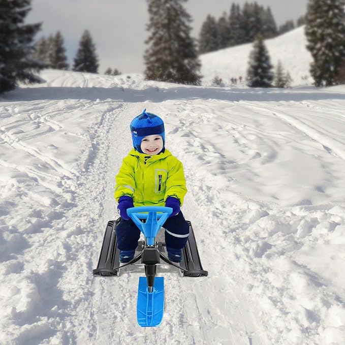 Snow Racer Sled with Steering Wheel and Brakes, Durable Steel Frame, Downhill Steerable Sled for 220 LBS Kids, Teenagers, Adults