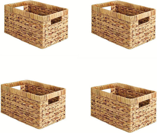 4PCS Handwoven Water Hyacinth Storage Basket Set - Natural Wicker Baskets with Handles for Bathroom, Kitchen, Pantry, Bedroom, and Living Room Organization