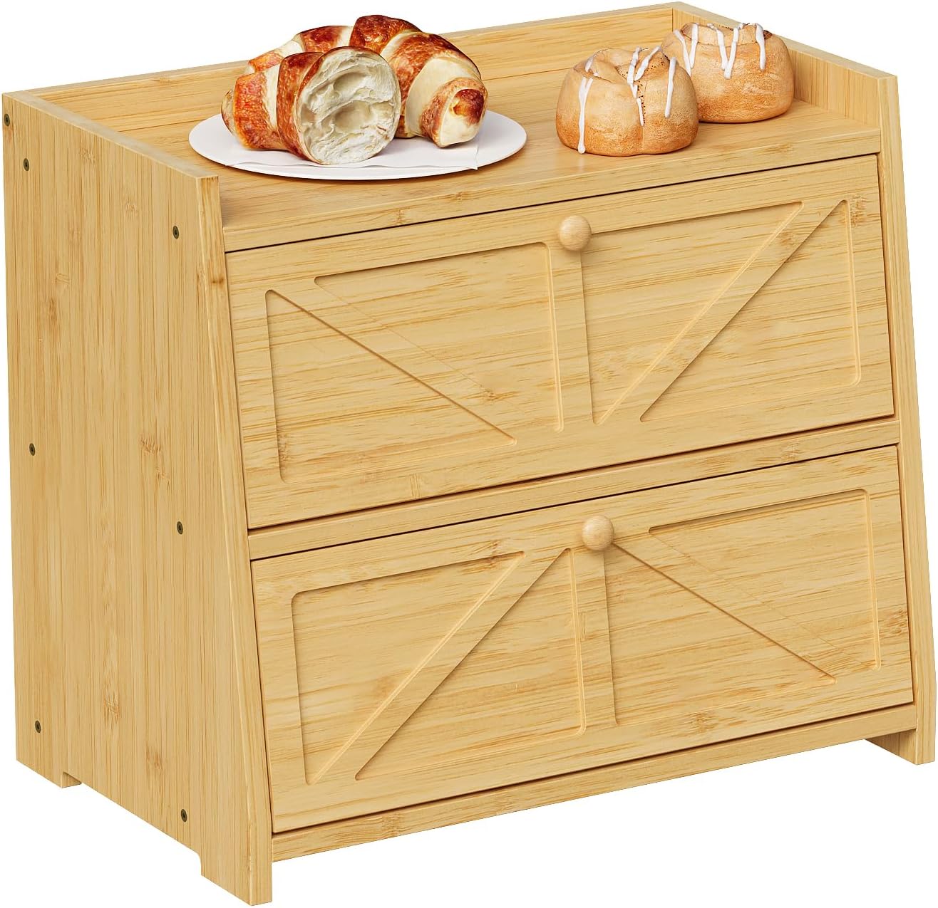 Vintage Double Layer Bread Box for Kitchen Counter Bamboo Bread Storage Container Large Capacity Bread Storage Bin (Natural Bamboo)