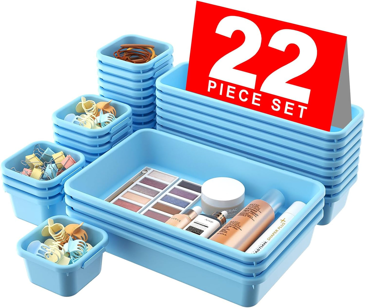 A-LuGei 【𝟮𝟮𝗣𝗖𝗦】 Plastic Sky Blue Desk Drawer Organizer, Bathroom Organizers and Storage, Makeup Organizer, Organization and Storage Bin Container for Vanity Office Utensils Tool Pantry Cosmetic