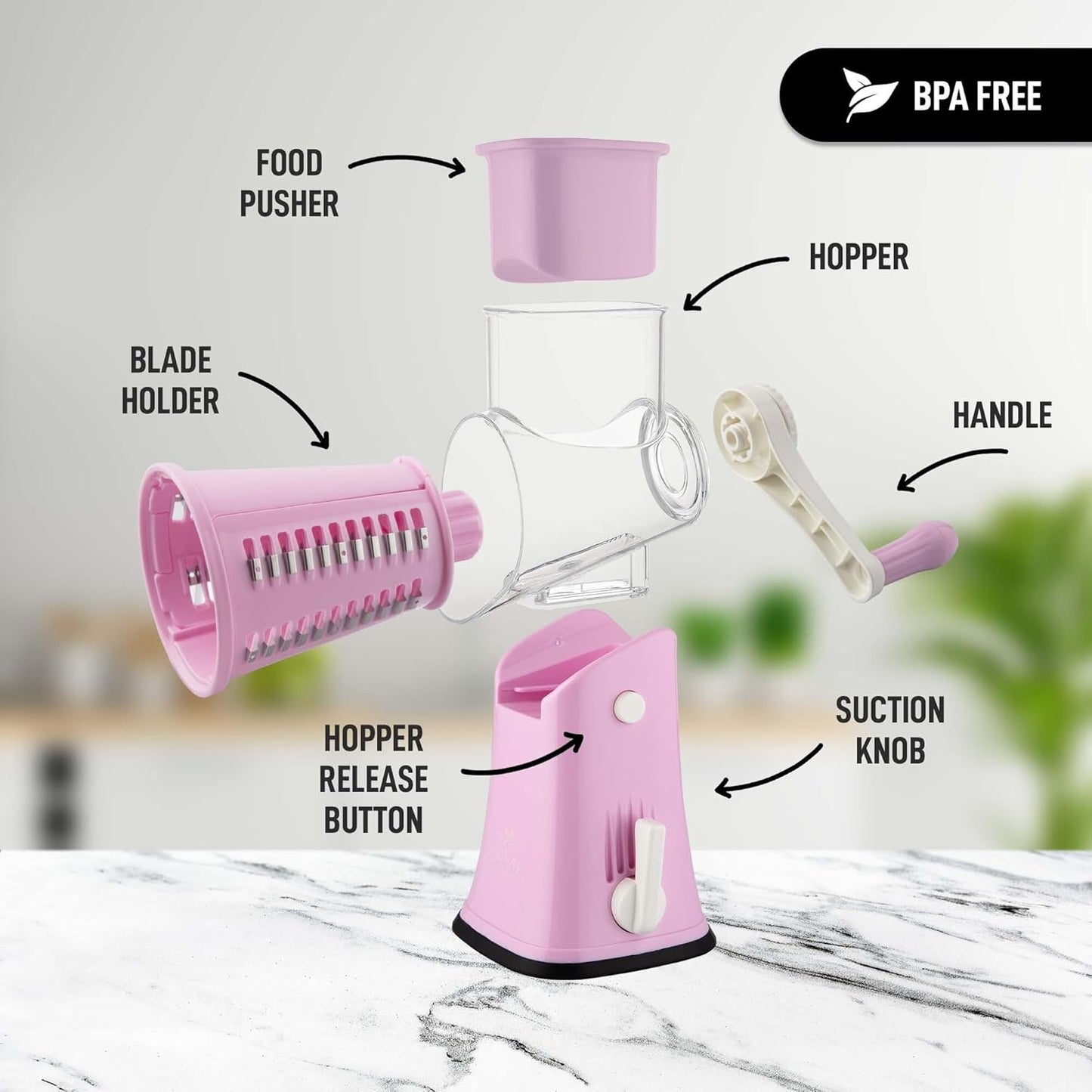 Zulay Kitchen Rotary Cheese Grater 5 Blade Cheese Shredder - Manual Hand Crank Cheese Grater With Reinforced Suction & 5 Interchangeable Drums - Easy to Use, Vegetable Chopper Round Mandoline Slicer