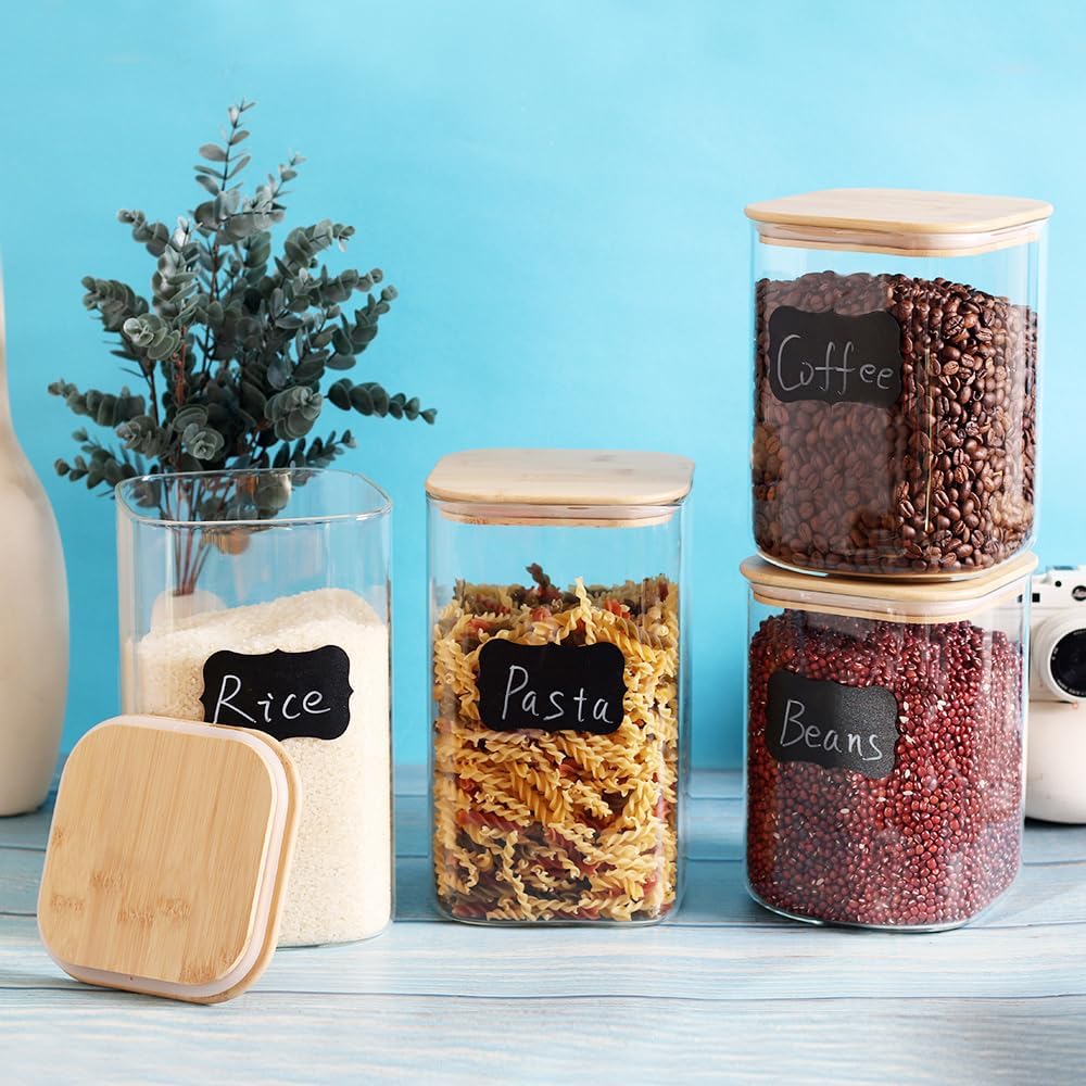 Large Glass Flour and Sugar Containers, Set of 2-120 oz Glass Food Storage Containers with Airtight Lids, Square Glass Jars with Bamboo Lids for Rice, Pasta, Cookies, Sugar