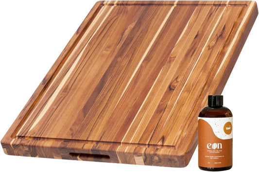 Teakhaus Carving Board and Cutting Board Oil Set - Includes Medium (M) Wood Cutting Board with Juice Groove and EON Food Grade Mineral Oil - Knife-Friendly - FSC Certified