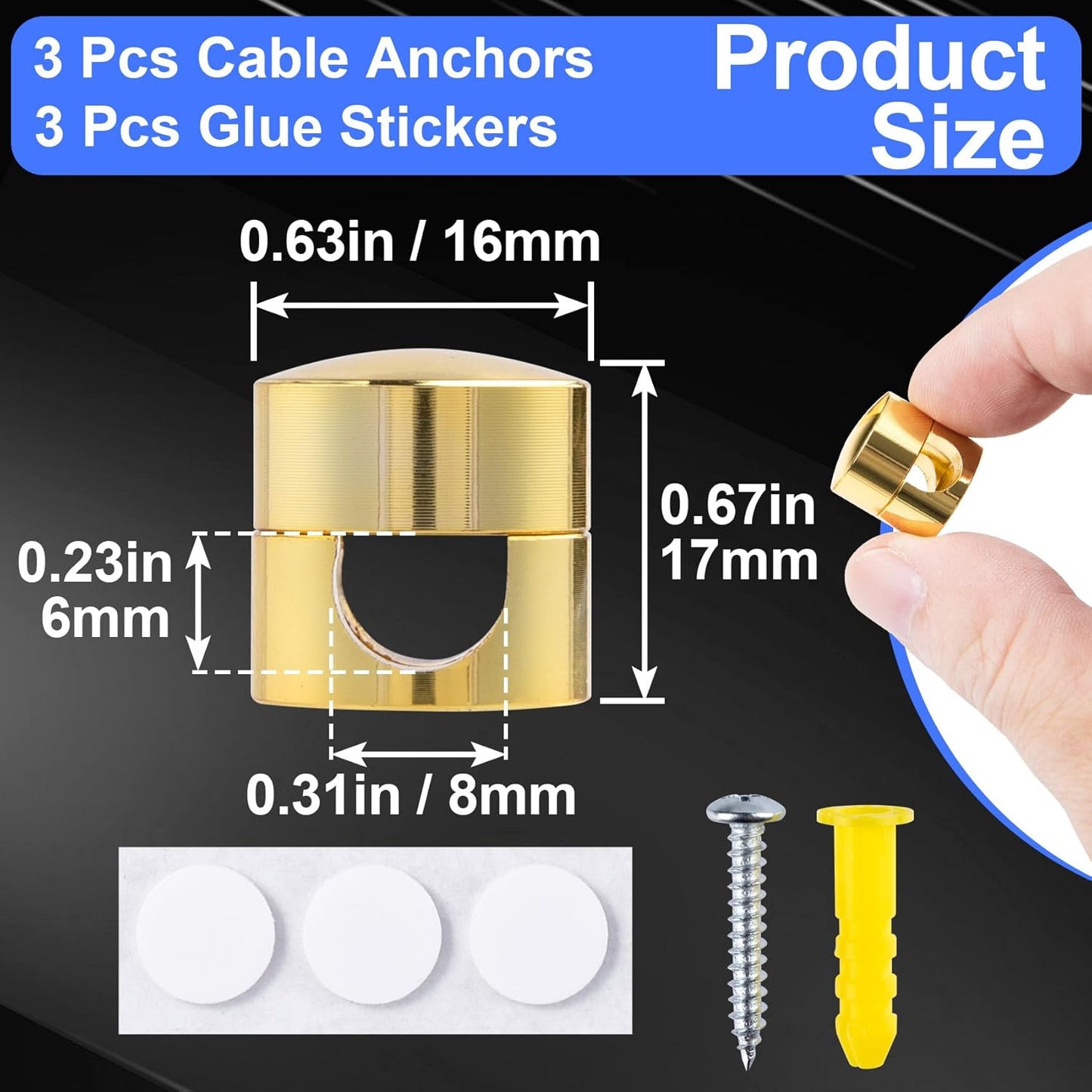 3 Sets Charger Holders for Cords, Gold Adjustable Cable Anchor Holders, Adhesive Metal Cord Clips, Cable Management Wire Organizers for Desk, Office, Nightstand