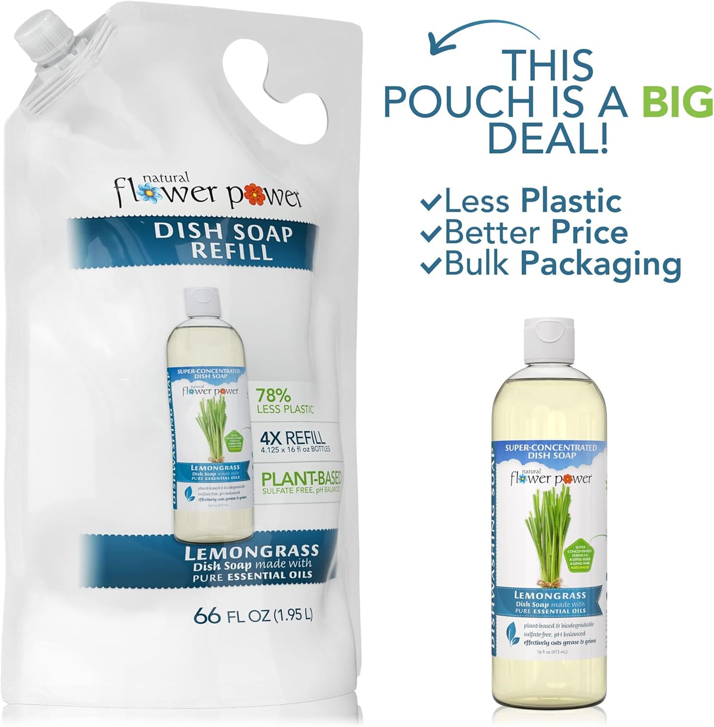 Liquid Dish Soap Refill – 66 Fl Oz Refills 4X – Plant-Based & Scented w/Pure Essential Oils – Natural Dishwashing Detergent – Sulfate-Free Kitchen Soap (Lemongrass)