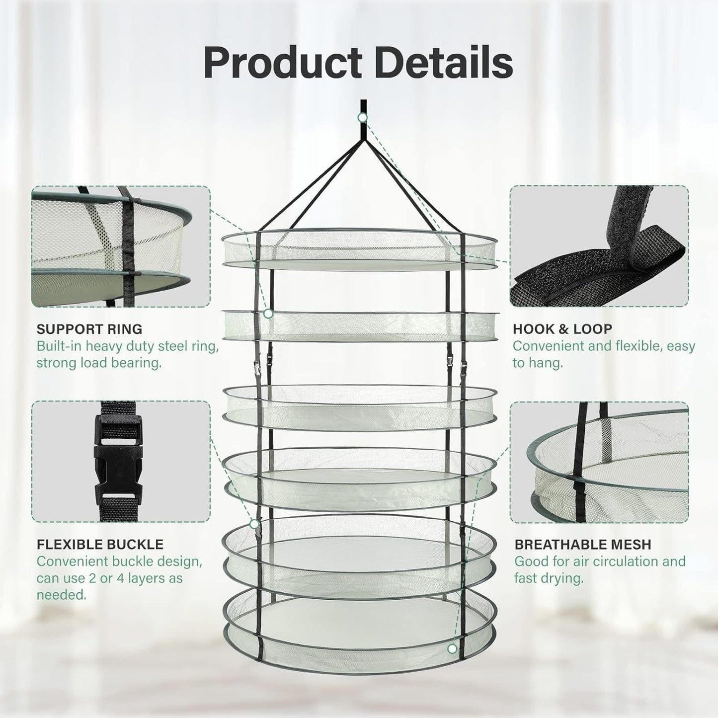 Simple Deluxe 6 Layer 36'' Herb Drying Rack with Hook, Detachable Design Hanging Dry Mesh Folding Basket Dryer for Clothes, Herbs