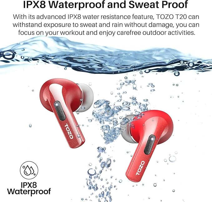TOZO T20 Wireless Earbuds Bluetooth Headphones 48.5 Hrs Playtime with LED Digital Display, IPX8 Waterproof, Dual Mic Call Noise Cancelling 10mm Broad Range Speakers with Wireless Charging Case