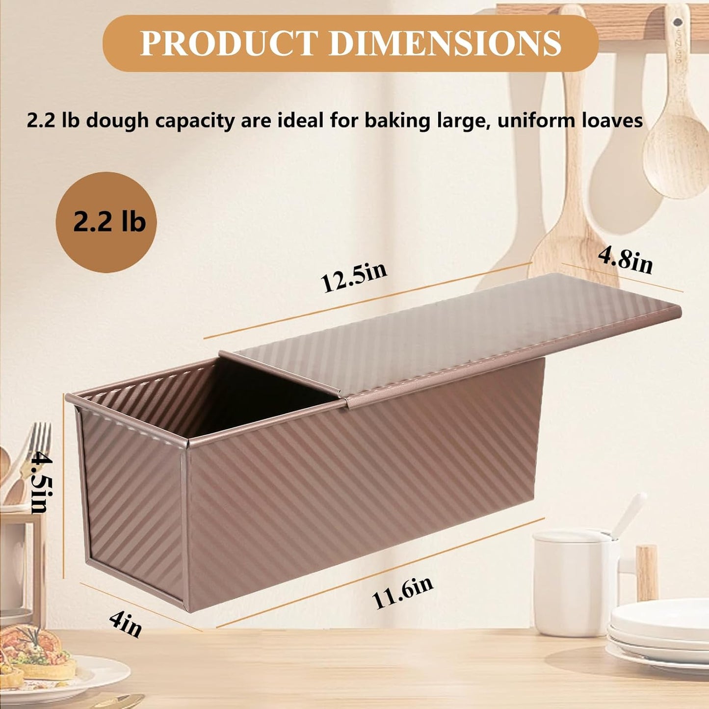 SS&CC Pullman Loaf Pan with Lid 13x4 | 2.2lb Carbon Steel Bread Pan for Homemade Sourdough & Sandwich Bread | Nonstick Bakeware, Heavy Duty & Easy Clean (Gold, 2.2lb)