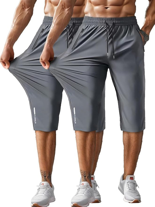 Men's Capri Pants 3/4 Joggers Gym/Workout/Hiking Below Knee Long Shorts Lightweight Quick Dry with Zipper Pockets