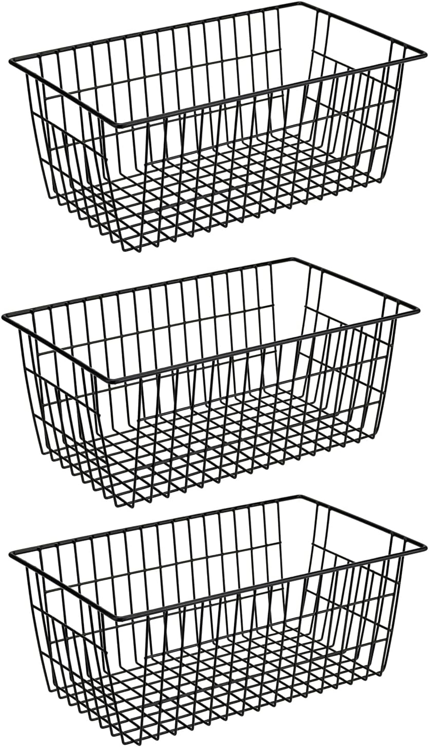 SANNO Large Freezer Baskets Metal Storage Organizer Bin Basket Wire Storage Basket for Kitchen Pantry Bathroom Large Metal Farmhouse Food Fruit Produce Organizer Bins,black,3