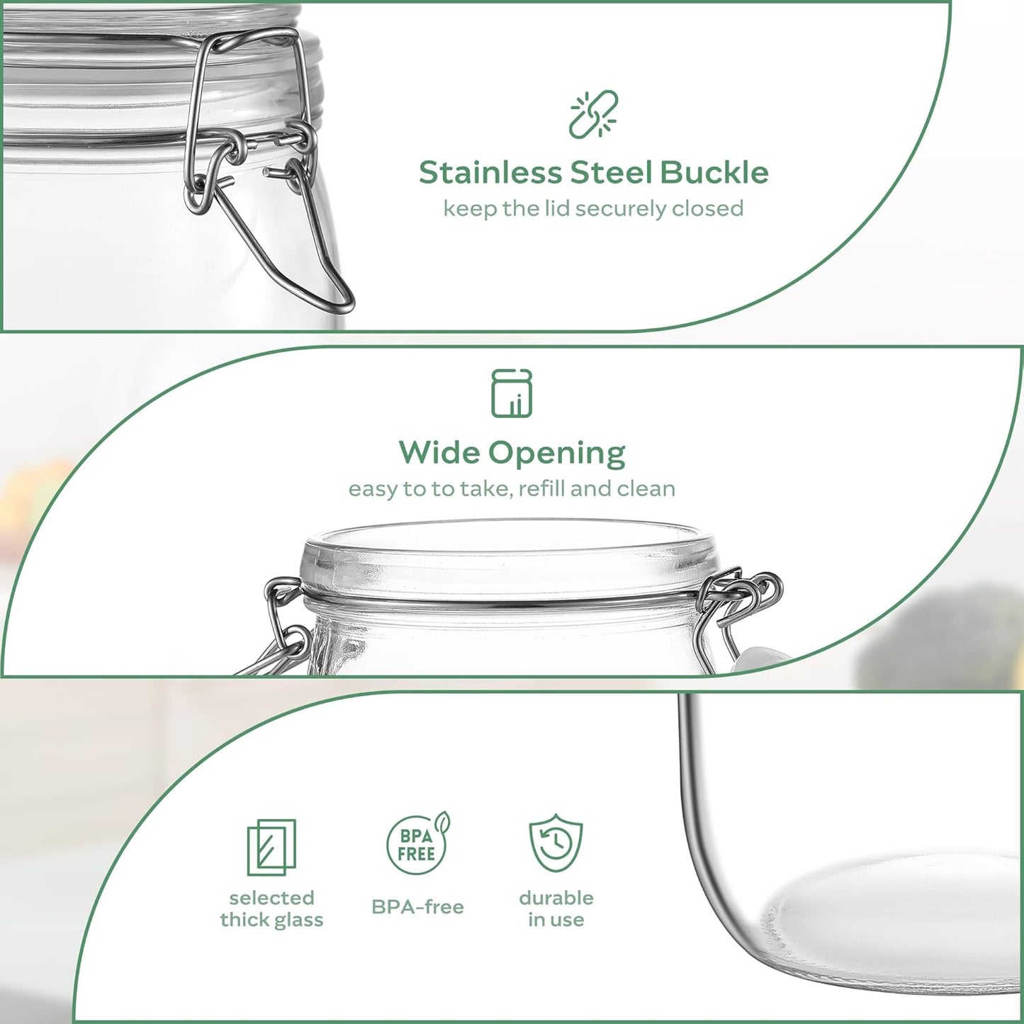 Glass Food Storage Jars with Airtight Lids 34 oz Round 4 Pack Kitchen Storage Containers Large Cabinet Canisters Sealed Pot Canning for Pasta, Cereal, Coffee, Beans, Spice