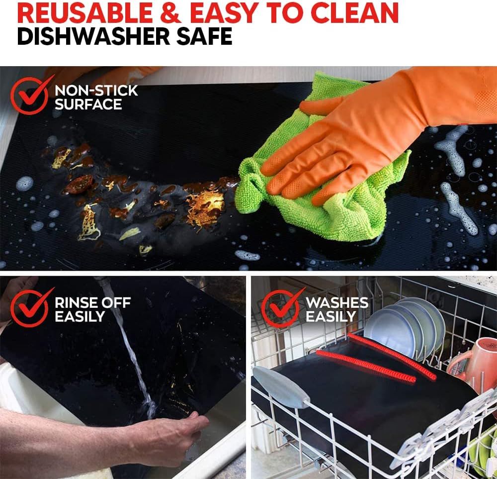 Oven Liners for Bottom of Oven Black (4-pack) Bundled with Range Rack Shield (4-pack) - Large Mat for Bottom of Range (17"x 25") and 14" Red Stove Guards for Racks - Reusable & Heat Resistant