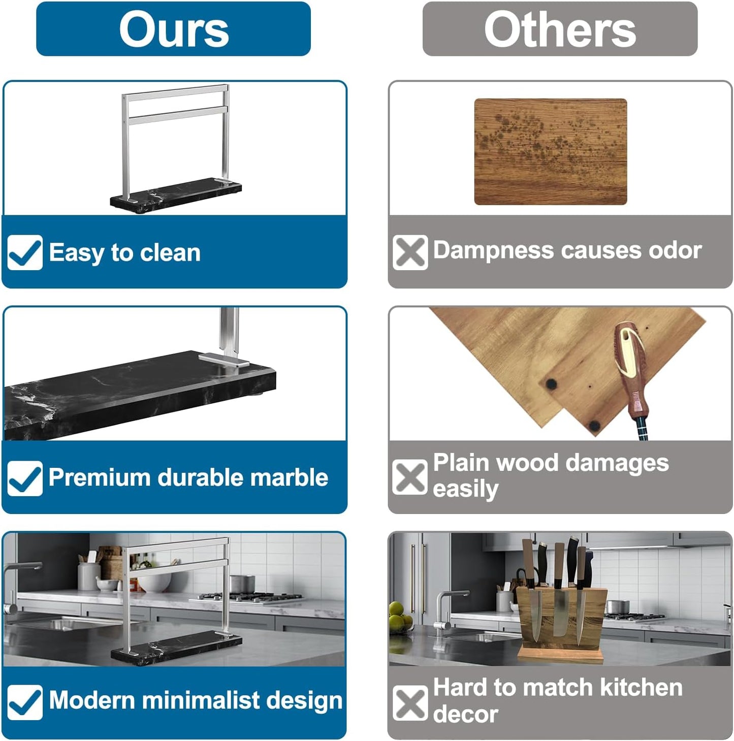 YIIYIIN Magnetic Knife Block with Marble Base - Double Sided Magnetic Knife Stand - Magnetic Knife Holder - Kitchen Knife Storage - Knife Holders for Counter Top - Black