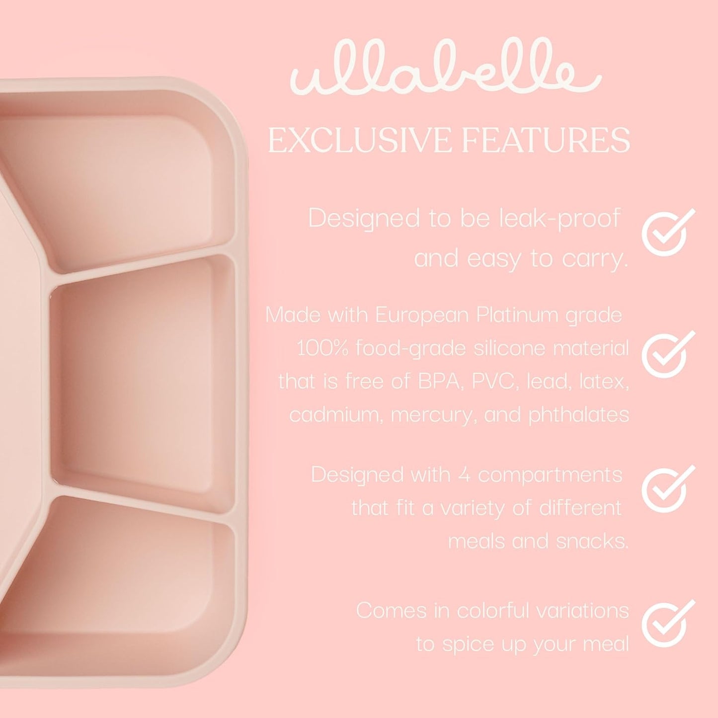 Ullabelle Leak Proof Bento Box Food-Grade Silicone Bento, BPA, Phthalate, Lead, & PVC Free - Bento Lunch Box for Daycare, Kids, & Adults - Leak Resistant Sets With Lids Snack Box Container (Grey 4)