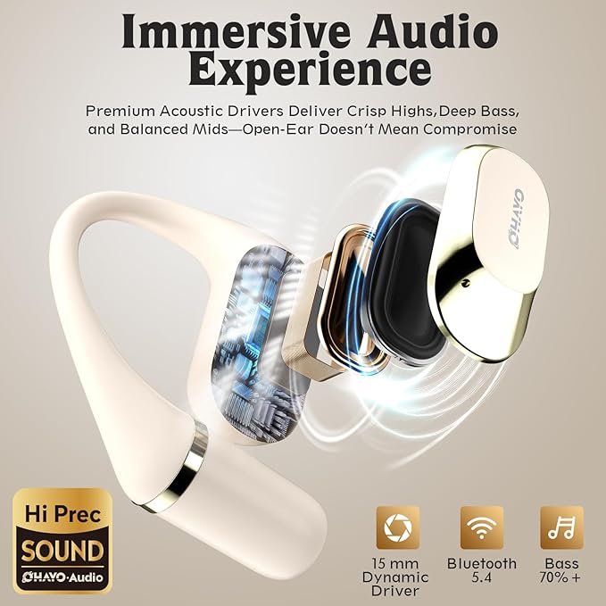 OHAYO Open Ear Headphones,Earbuds with Ergonomic Earhook,Bluetooth Headphones 5.4 with Smart Digital Display,40H Playtime,IPX6 Waterproof,Touch Control Earphones Fit Cycling,Running,Workout(Beige)