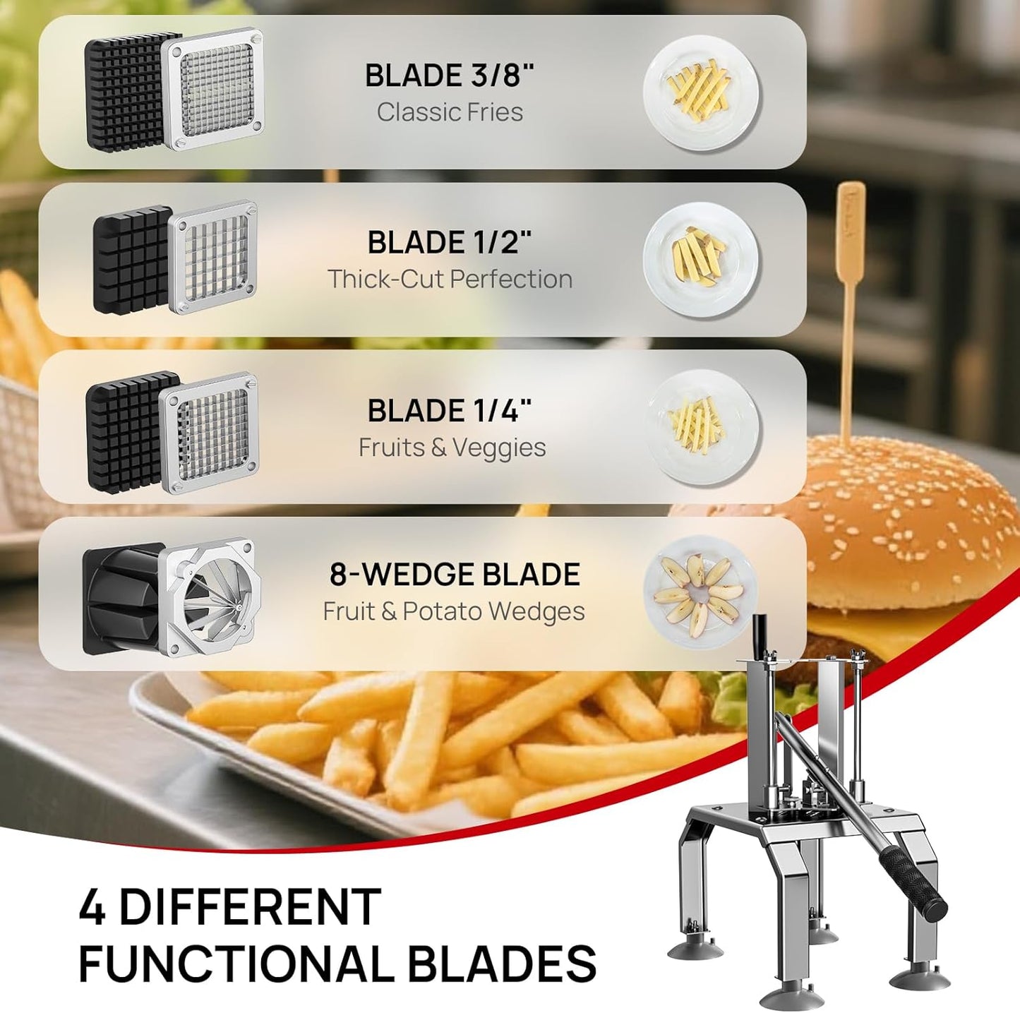 Commercial French Fry Cutter and Vegetable Fruit Dicer with 4 Stainless Steel Blades, Includes 3/8", 1/2", 1/4", and 8-Wedge Blades, Heavy Duty Potato Slicer for Home and Restaurant Use