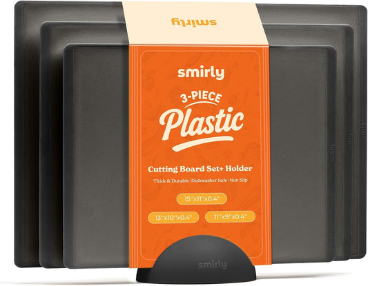 SMIRLY Plastic Cutting Board Set with Holder 3 Pieces, Non-Slip Dishwasher Safe Chopping Boards for Kitchen, Dark Grey