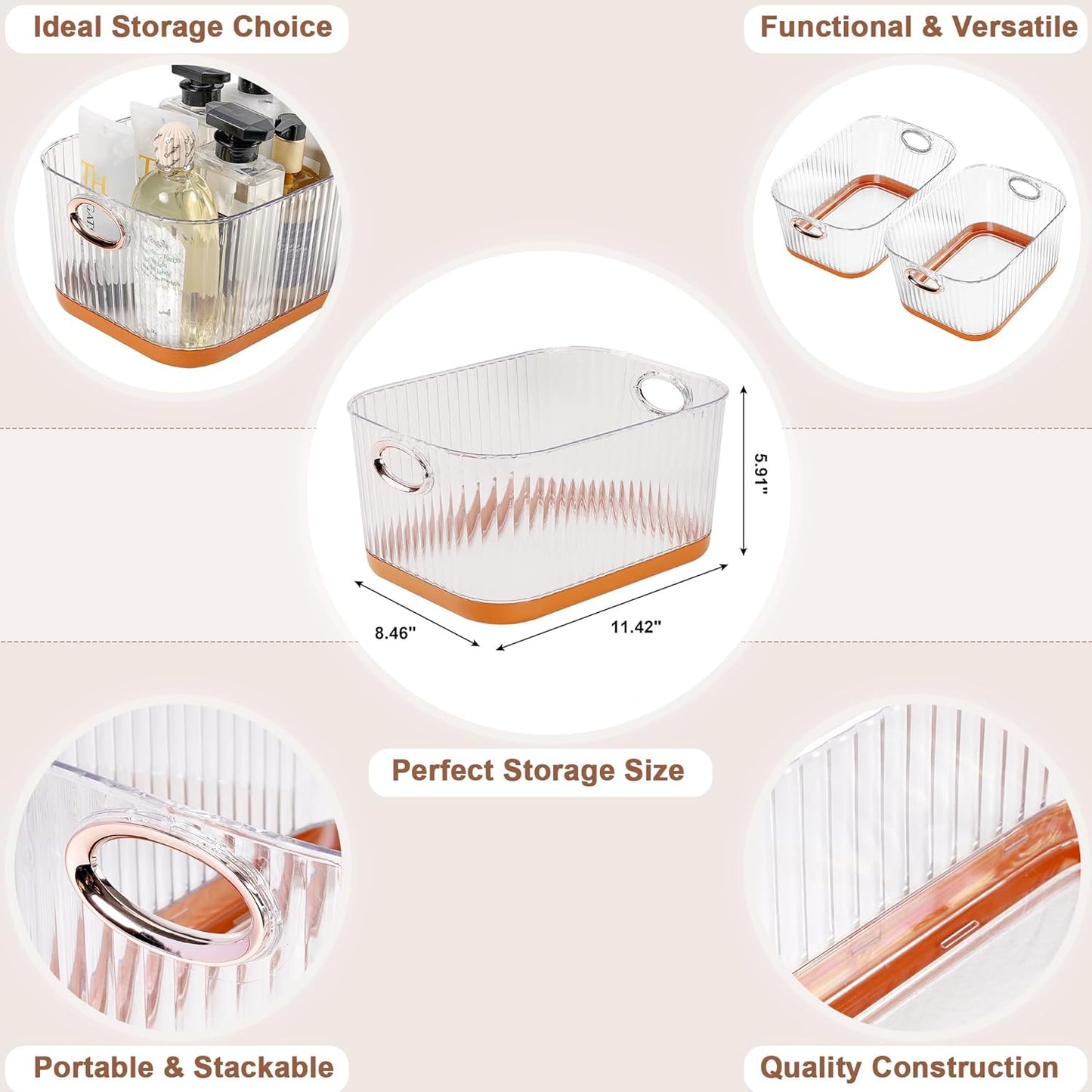 VECELO Refrigerator Organizers - Durable PET Storage Bins, Space Saving, Clear View, Contain Spill, Organizer for Kitchen, Laundry, Closet - Set of 2