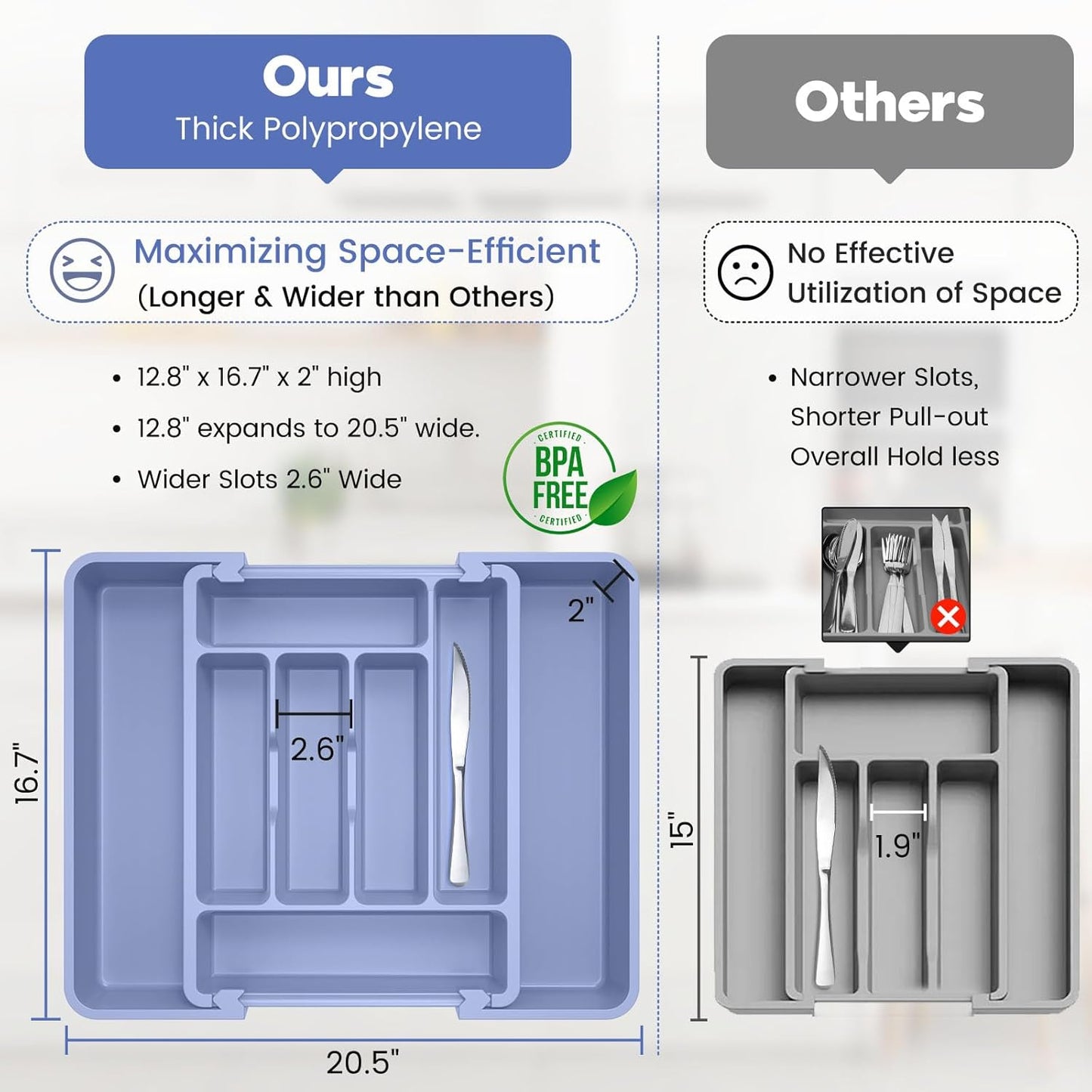 Caperci Large Silverware Organizer for Kitchen Drawer & Utensils - Expandable Drawer Organizer for Cutlery, Flatware & Gadget, BPA-Free Thick Plastic, Wider Compartments & Non-skid Feet (Breezy Blue)