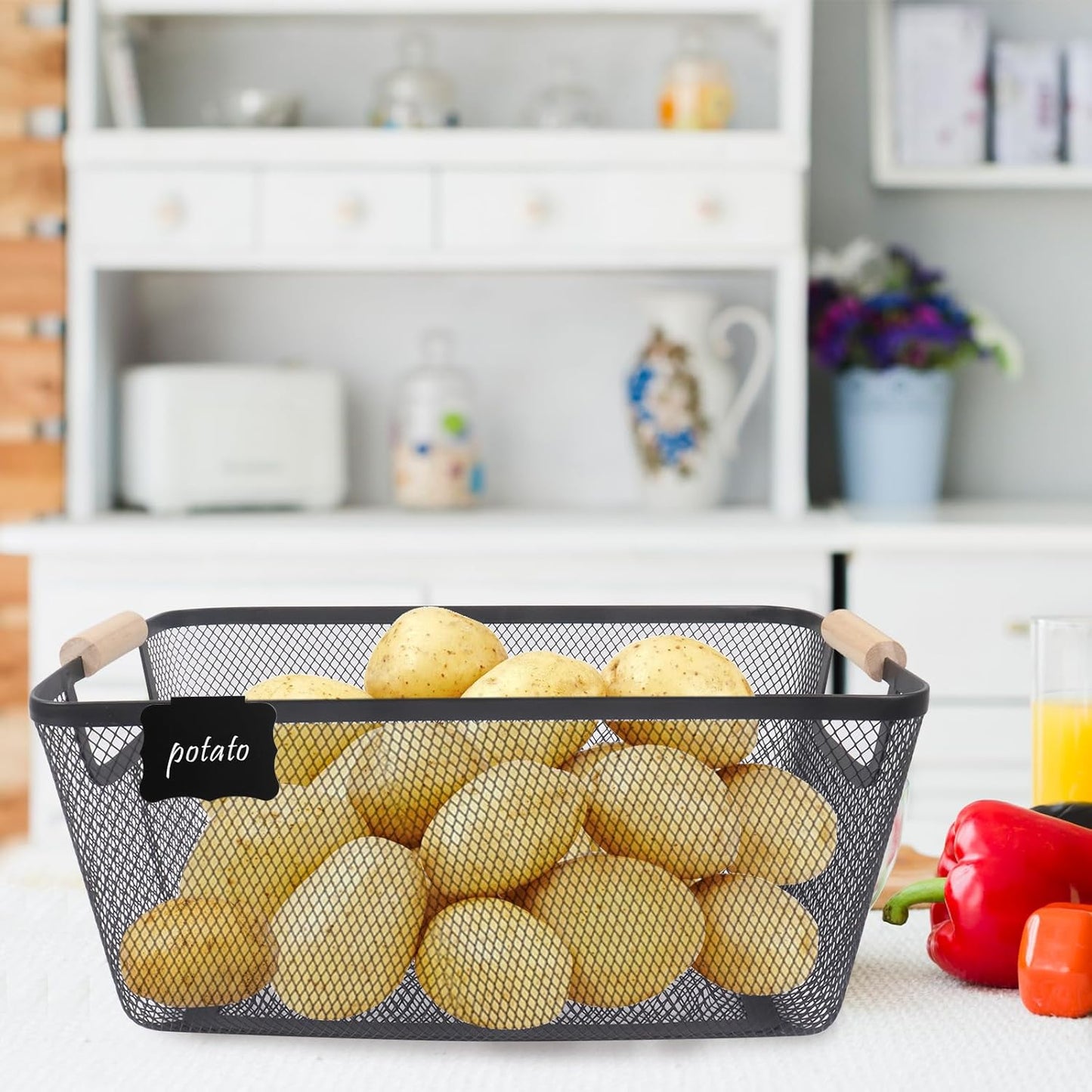 Potato and Onion Storage Bin, 2 Set Potato Bin Storage and Onion Container with Wooden Handle, Pantry Kitchen Organization and Storage, Metal Mesh Baskets for Fruit, Vegetable, Produce-Black