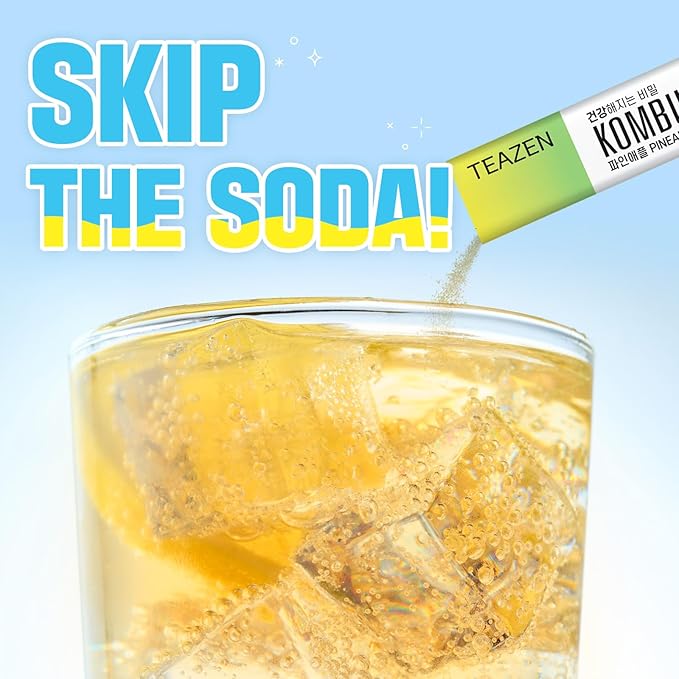 TEAZEN Pineapple Kombucha Tea, Hydration Drink Mix, Sugar Free, Live Probiotics & Prebiotics, 10 Sticks, 1.76oz