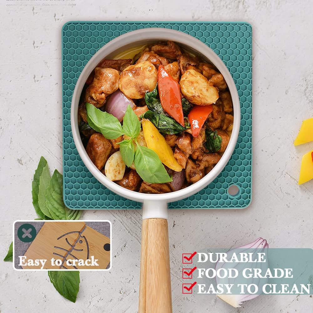 4 Pack Silicone Trivets for Hot Dishes, Dark Green Silicone Hot Pads Trivet for Hot Pots and Pans, 4 PCS Heat Resistant Silicone Mats Pot Holders for Kitchen Counter, Large Coasters & Jar Opener