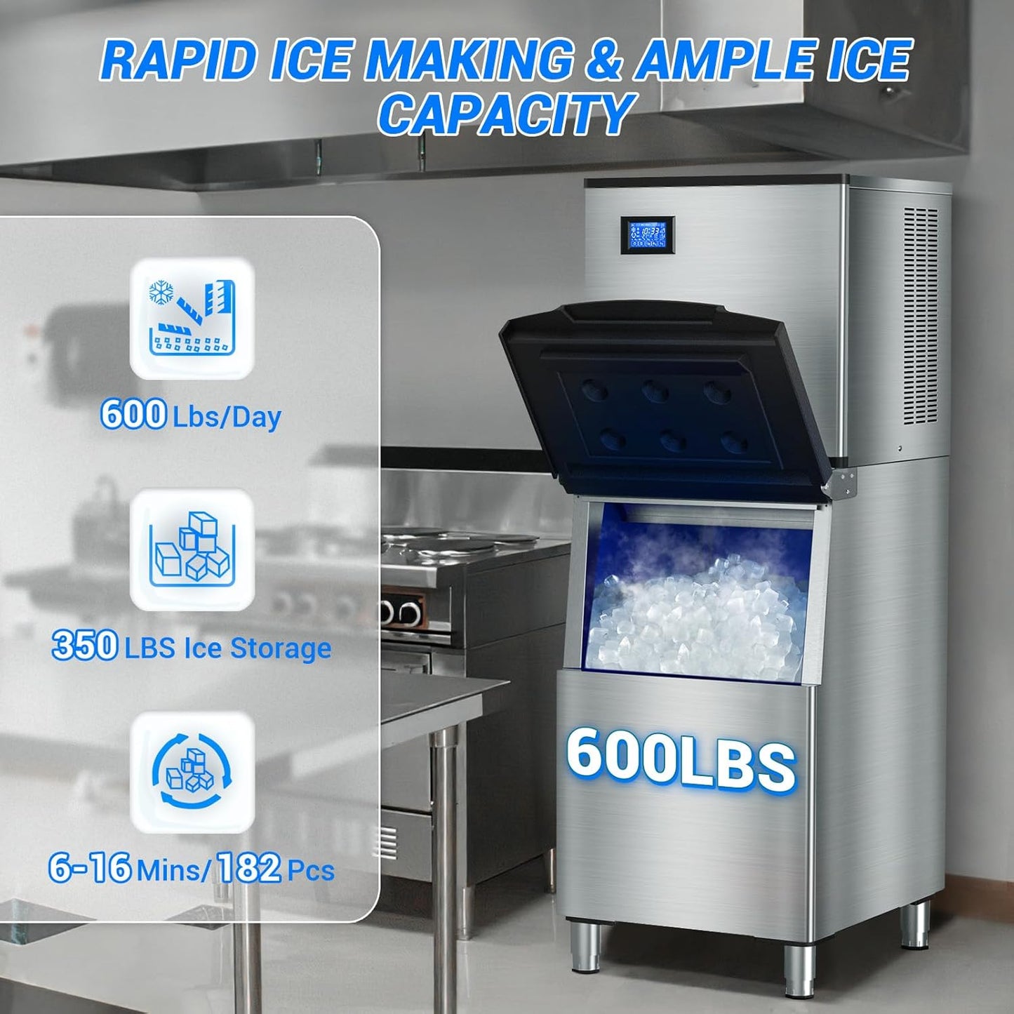 Commercial Ice Maker Machine 650LBS/24H with 350LBS Ice Storage Bin – 182 Cubes per Cycle in 6-15 Mins, Stainless Steel Industrial Ice Machine for Restaurants, Bars, Cafes & Business Use