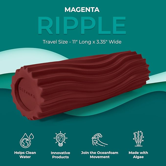 Oceanfoam Ripple Travel Foam Roller (11" x 3.35") Firm Mini Foam Roller for Physical Therapy, Deep Tissue Massage, Back Pain - High Density, Ergonomic Wave Textured - Yoga, Pilates, Exercise (Maroon)