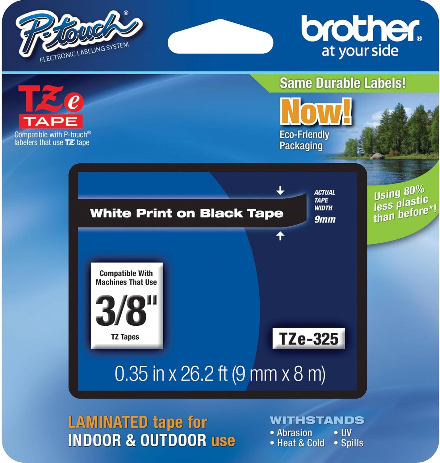 Brother Genuine P-touch TZE-325 Tape, 3/8" (0.35") Wide Standard Laminated Tape, White on Black, Laminated for Indoor or Outdoor Use, Water-Resistant, 0.35" x 26.2' (9mm x 8M), Single-Pack, TZE325