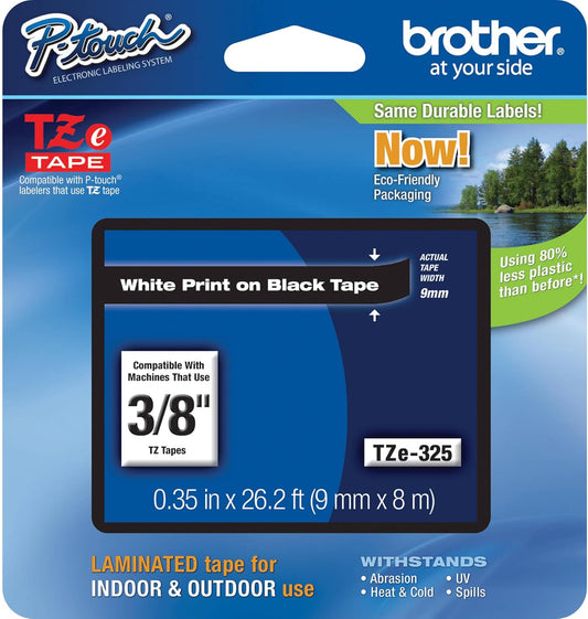 Brother Genuine P-touch TZE-325 Tape, 3/8" (0.35") Wide Standard Laminated Tape, White on Black, Laminated for Indoor or Outdoor Use, Water-Resistant, 0.35" x 26.2' (9mm x 8M), Single-Pack, TZE325