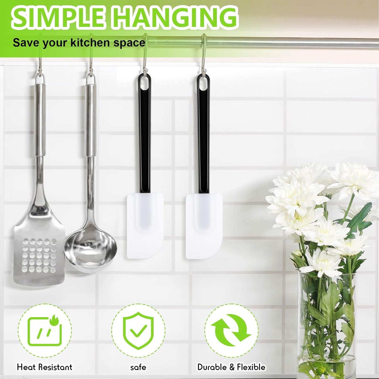 Dandat 9 Pcs Silicone Rubber Spatula, Commercial Spatula 500 Fahrenheit Heat Resistant, Non Stick Heavy Duty Scraper for Kitchen Cook Mix Fry Spread Bake, Dishwasher Safe (Black and White,10 Inch)