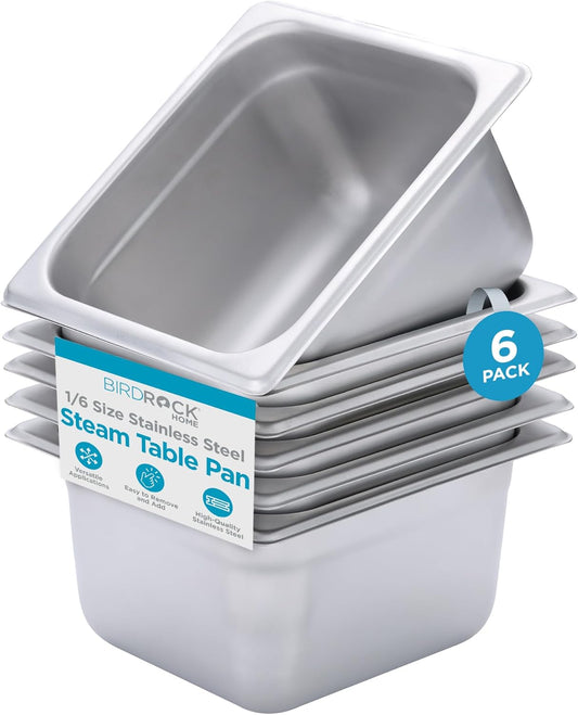 BIRDROCK HOME Stainless Steel Steam Table Pan - Hotel, Restaurant & Catering Supplies - 24 Gauge Steel, 1.8 qt Capacity - Meal Prep, Cooking, & Food Storage Container - 4" Depth, 1/6-Size (6 Pack)