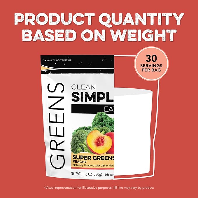Clean Simple Eats Super Greens Powder, Naturally Flavored Greens Powder with Chlorella, Spirulina, Superfoods & Prebiotic Fiber, No Artificial Ingredients, Gluten Free, Peachy Greens Flavor, 30 Srvgs