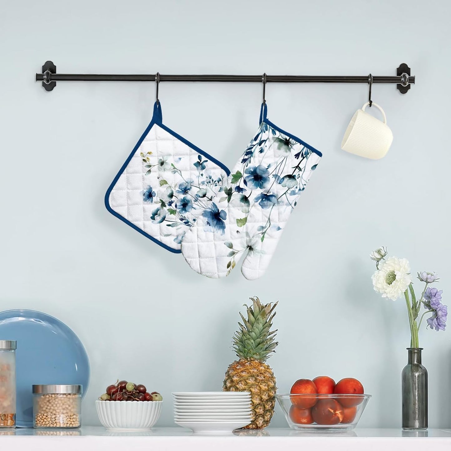 Blue Watercolor Flower Oven Mitts and Pot Holders Sets 100% Cotton Heat Resistant, Extra Long Oven Gloves Potholder for Kitchen Cooking Baking Housewarming